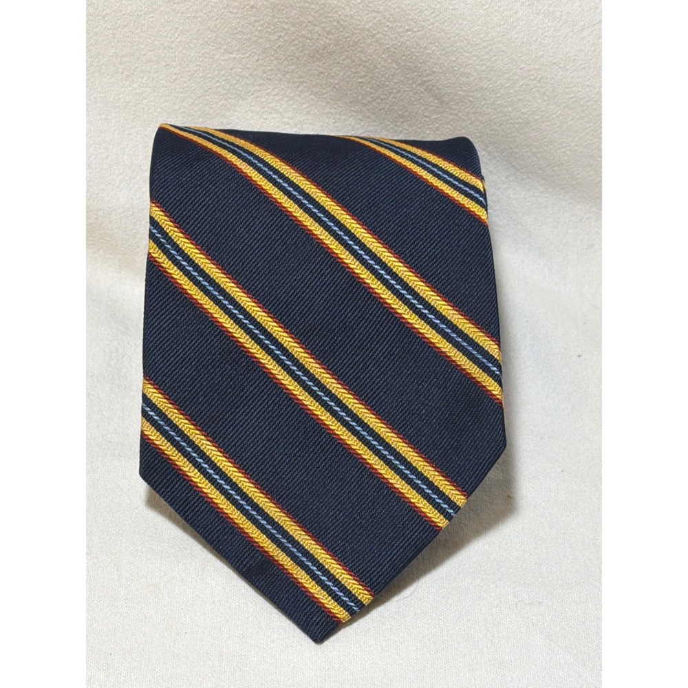 Hickey Freeman Mens Silk Tie Navy Gold Red Striped Made in USA England‎ Fabric